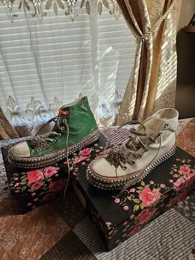 Free People Two-Tone Studded High-Top Sneakers in Green & Silver